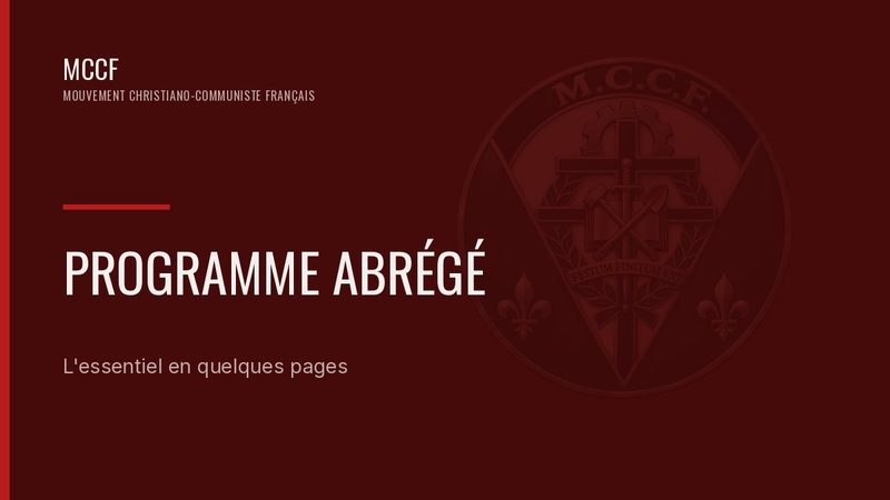 Vignette « Programme abrégé — L'essentiel en quelques pages », sur fond rouge sombre, emblème du MCCF en filigrane.