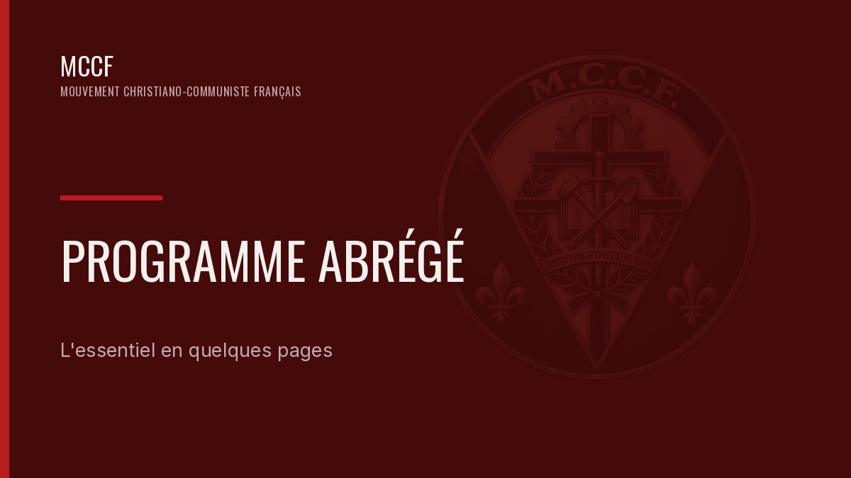Vignette « Programme abrégé — L'essentiel en quelques pages », sur fond rouge sombre, emblème du MCCF en filigrane.